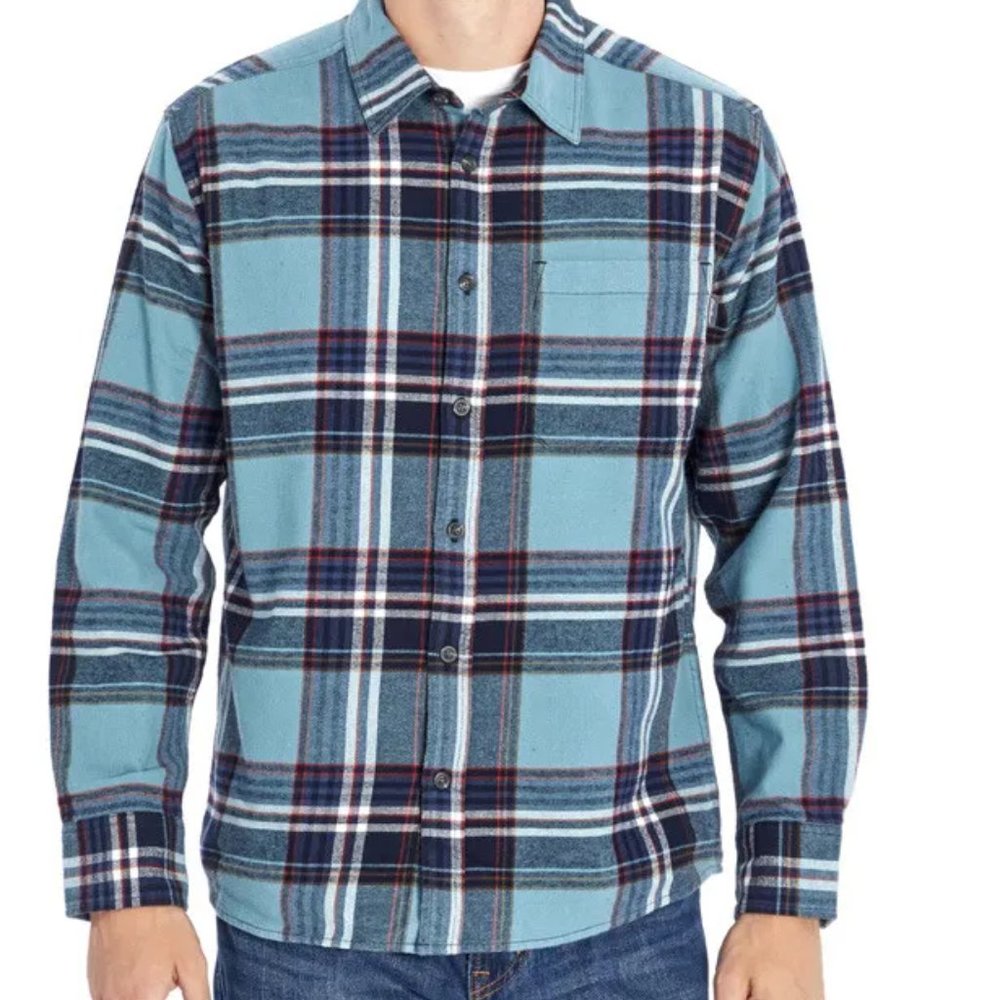 Eddie Bauer Cotton Flannel Shirt Light Stream Plaid Long Sleeve-Size Medium